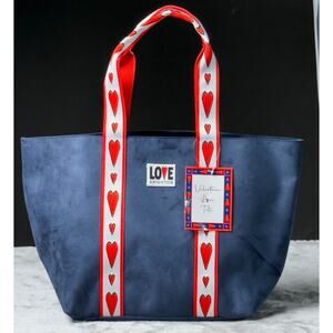 Brighton Navy Blue Velveteen Love Large Tote Bag Red Hearts NEW